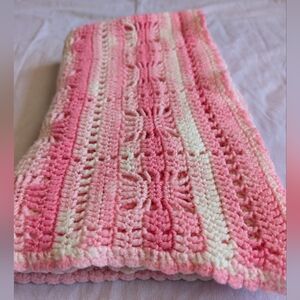 Handmade Crochet Pink And White Girly Baby Blanket 36inx26in